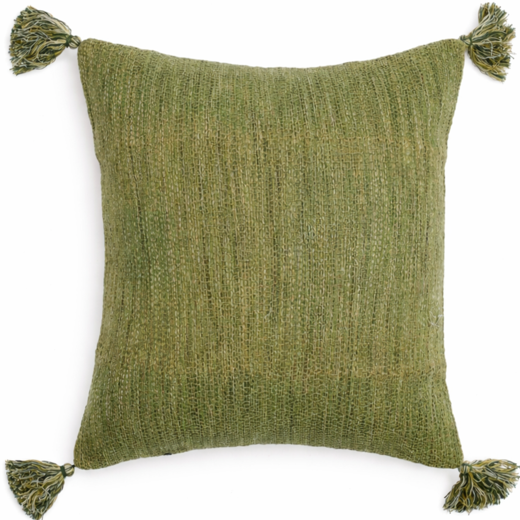 Coir Green Cushion Cover 20x20" – Rustic Textured Tassel Throw Pillow Cover - Habitt