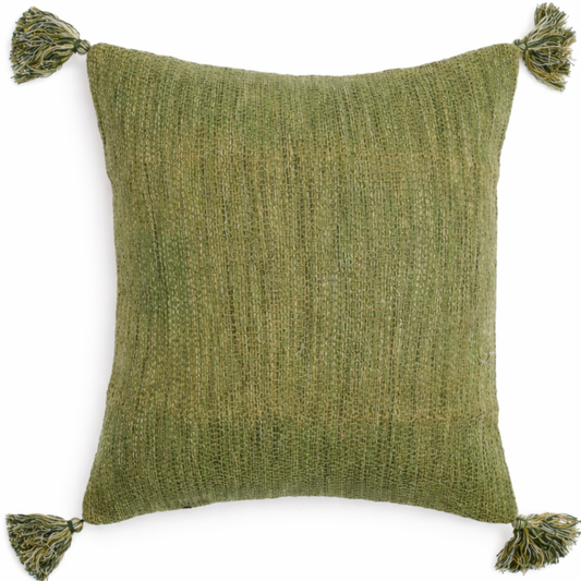 Coir Green Cushion Cover 20x20" – Rustic Textured Tassel Throw Pillow Cover - Habitt