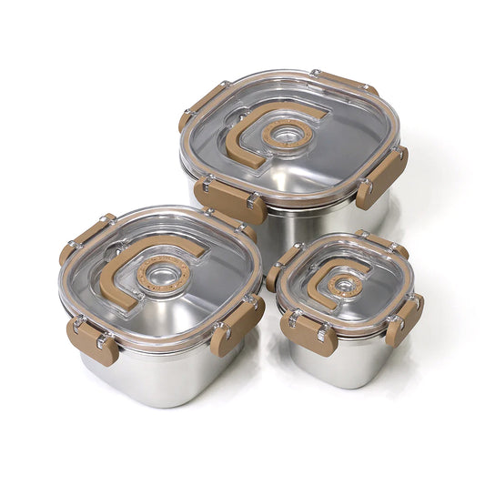 3PCS Steel Storage Box Set – Square Clip-Lock Containers – 700ml to 1400ml