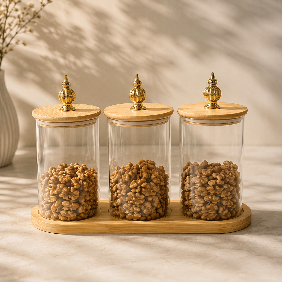 3-Piece Jar Set with Tray & Lids – Kitchen Storage Jars for Dry Fruits, Nuts, Snacks & Sweets