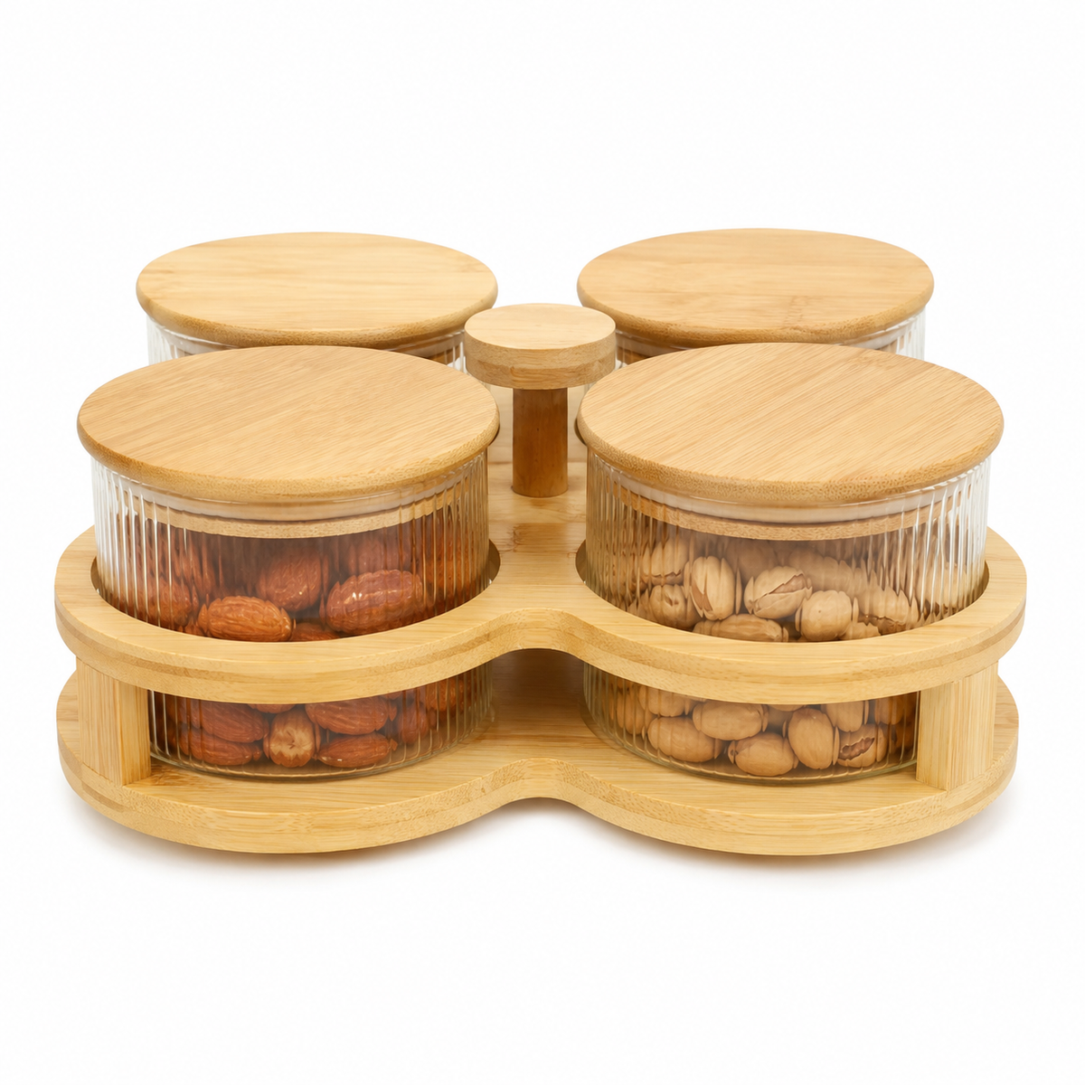 5 Piece Transparent Jar Set with Wooden Lids & Wooden Stand | Kitchen Storage Organizer