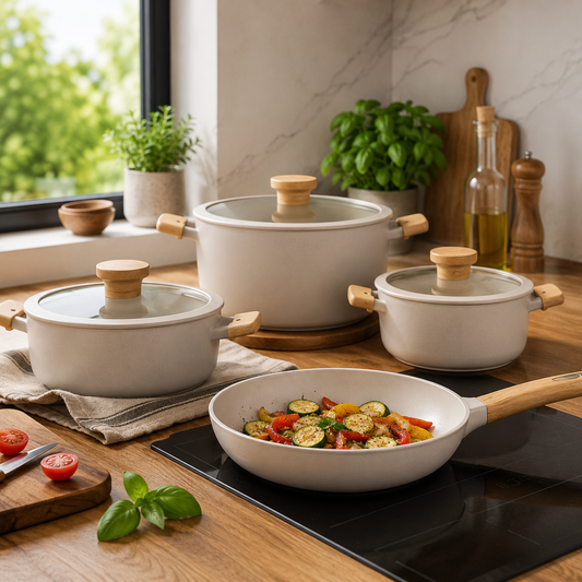 Seravita 7 Pcs Cookware Set – Elegant Nonstick Cookware with Wooden-Style Handles