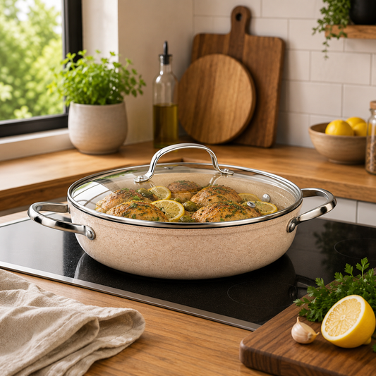 Granita Aluminum Low Casserole – Granite Nonstick Shallow Cooking Pot with Glass Lid (3.5L / 4.0L)