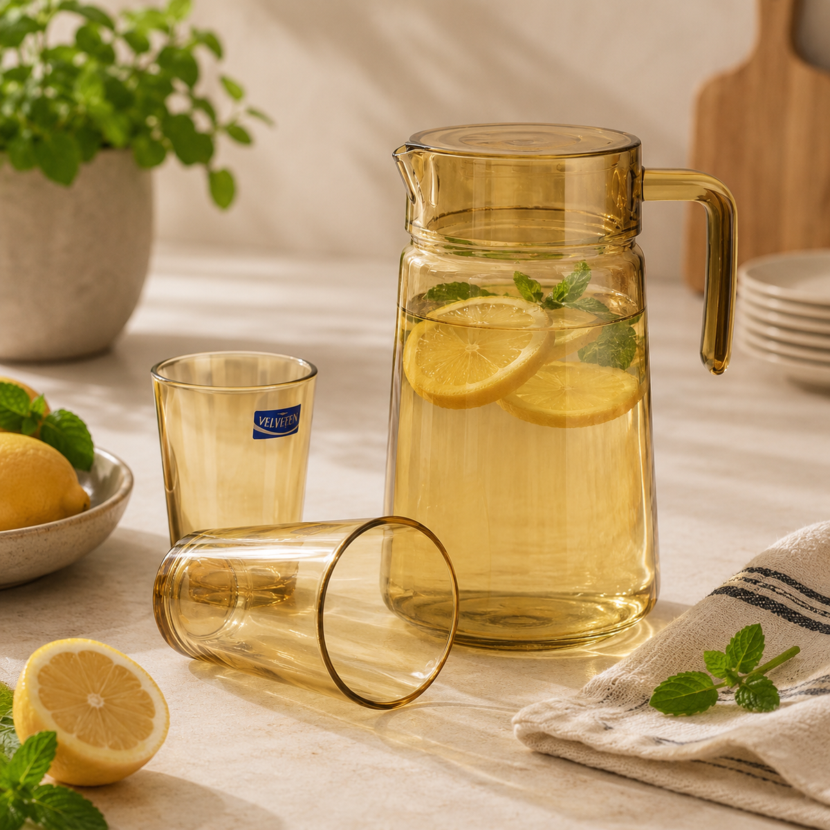 Golden-Tinted 7-Piece Water Set – 1.98 L Jug with 315 ml Glasses (Premium Coloured Glassware)