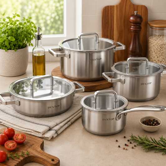 Lea 8-Piece Stainless Steel Cookware Set – Mirror Finish Pots & Pans with Glass Lids, Induction & Gas Compatible