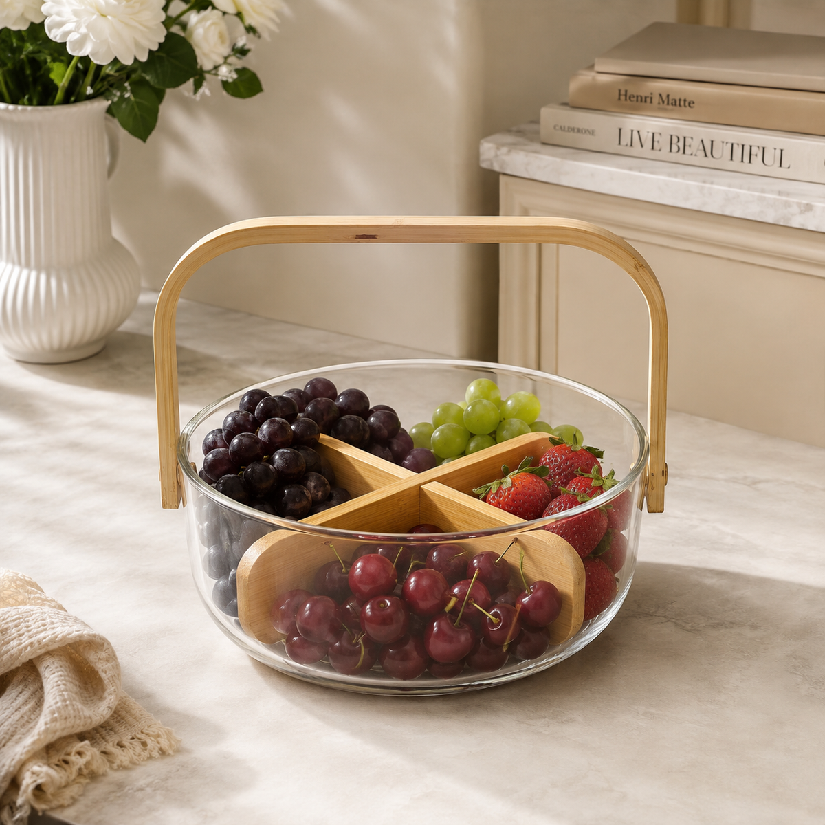 Fruit Basket with Carry Handle – Transparent Fruit Bowl for Kitchen Countertop & Dining Table