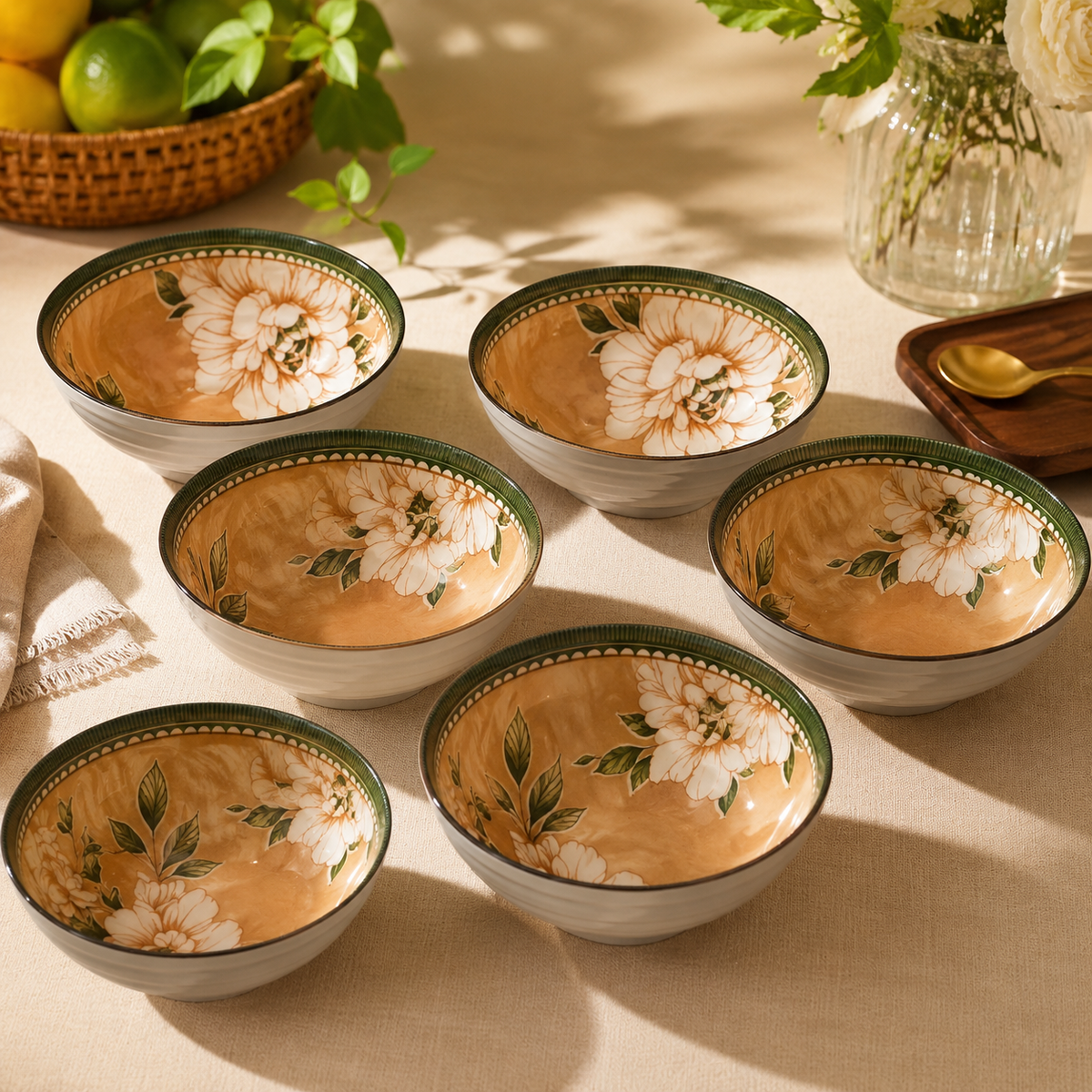 6 Pcs  Blue & Mustard Patterned Ceramic Bowl Set
