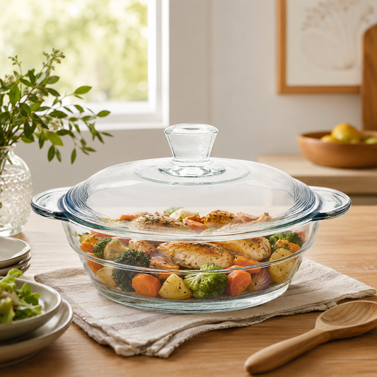 Clear Glass Casserole with Lid – Heat-Resistant Round Cooking & Serving Dish (750 ml / 1 L / 1.5 L)