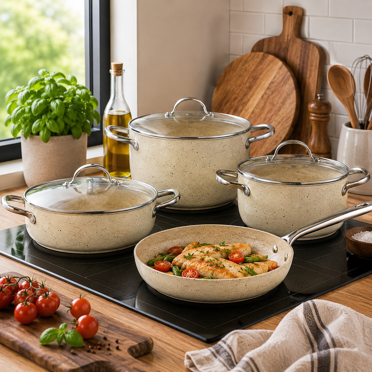 Granita Aluminium 7 Pcs Cookware Set – Nonstick Marble Coated Pots & Fry Pan with Glass Lids