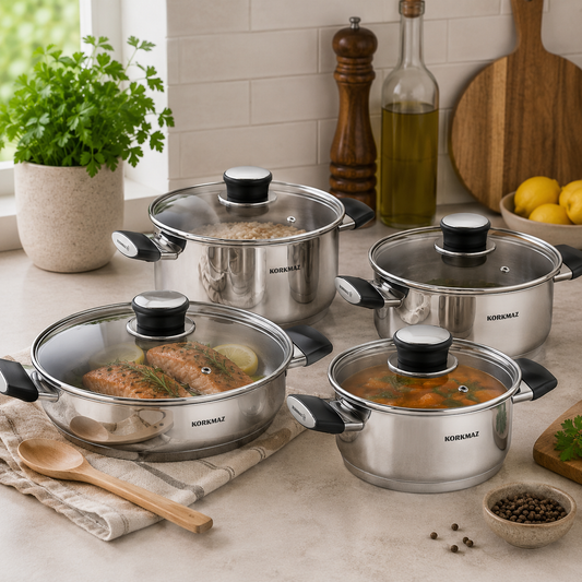 Pera 8-Piece Stainless Steel Cookware Set with Glass Lids