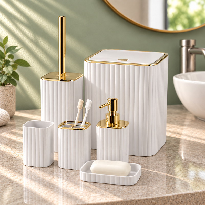 6PC ABS Plastic Washroom Set – Complete Bathroom Accessories Set with Dispenser, Toothbrush Holder, Toilet Brush & Bin