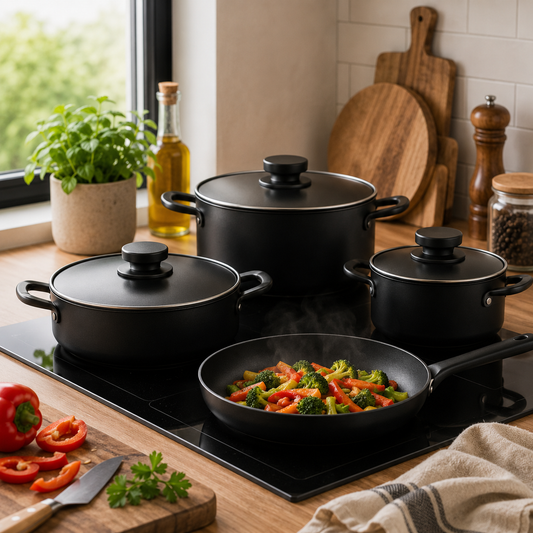 Ornella 7-Piece Non-Stick Cookware Set – Premium Black Aluminum Pots & Pans with Glass Lids, Induction Compatible