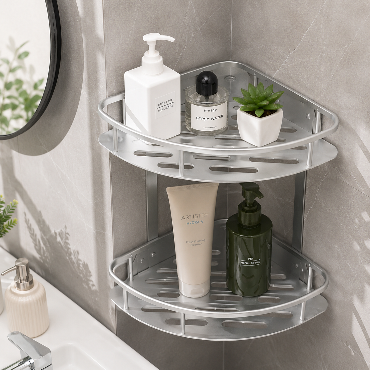2-Tier Aluminum Corner Shower Shelf – Rustproof Bathroom Organizer