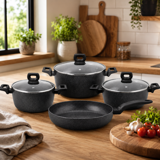 Nora Ceramic 7-Piece Cookware Set – Premium Granite Nonstick Pots & Frypan with Glass Lids