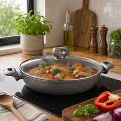 NORA Ceramic Low Casserole 26x6.3 cm – Nonstick Shallow Cooking Pot with Glass Lid