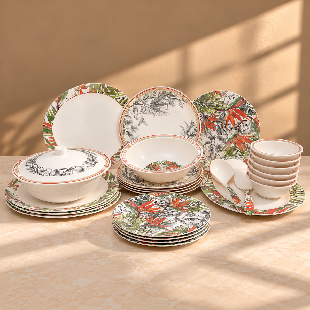 Coral Palm Dinner Set – Tropical Melamine Tableware Collection