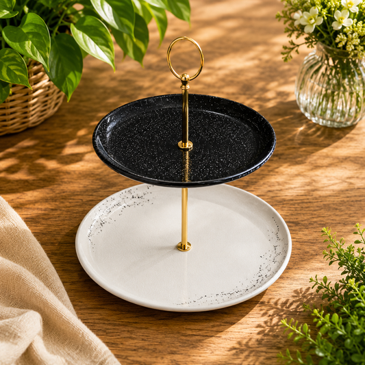 2-Tier Oval Cake Stand with Real Gold Decal – (11" & 9") All black