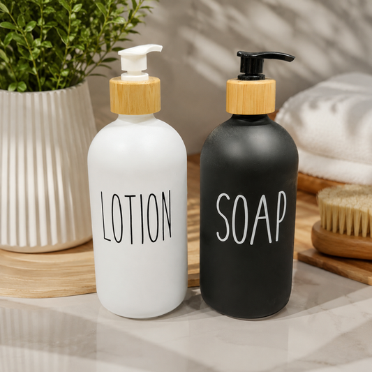 2 Pcs Glass Soap Dispenser – Refillable Pump Bottles with Bamboo Lid