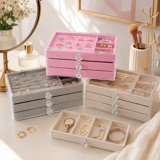 Assorted Multi-Tier Jewellery Box with Clear Compartments & Crystal Knobs