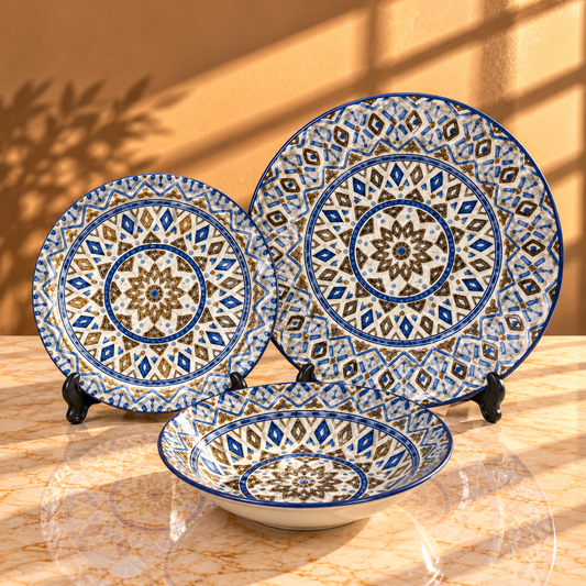 6 Person (18pcs) Blue Floral & Geometric Border Plate Set – Elegant Ceramic Dinnerware Collection