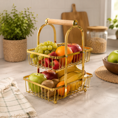Fruit Basket – Modern Countertop Storage Rack with Wooden Handle