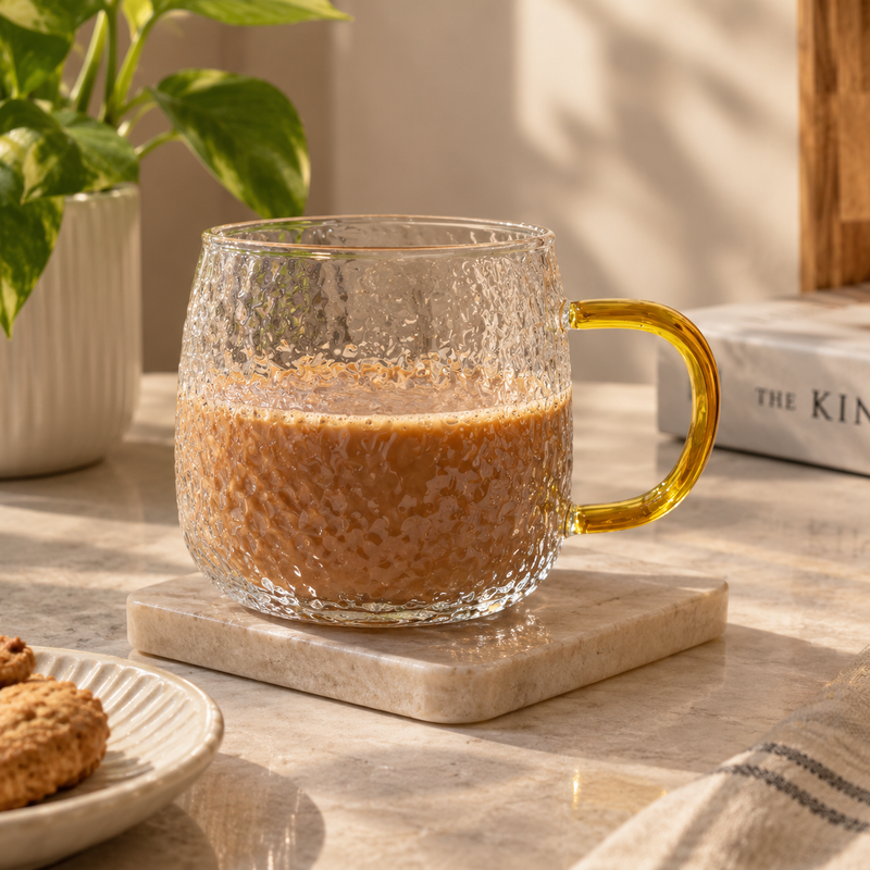 Textured Glass Mug with Blue Handle – 1 Pc