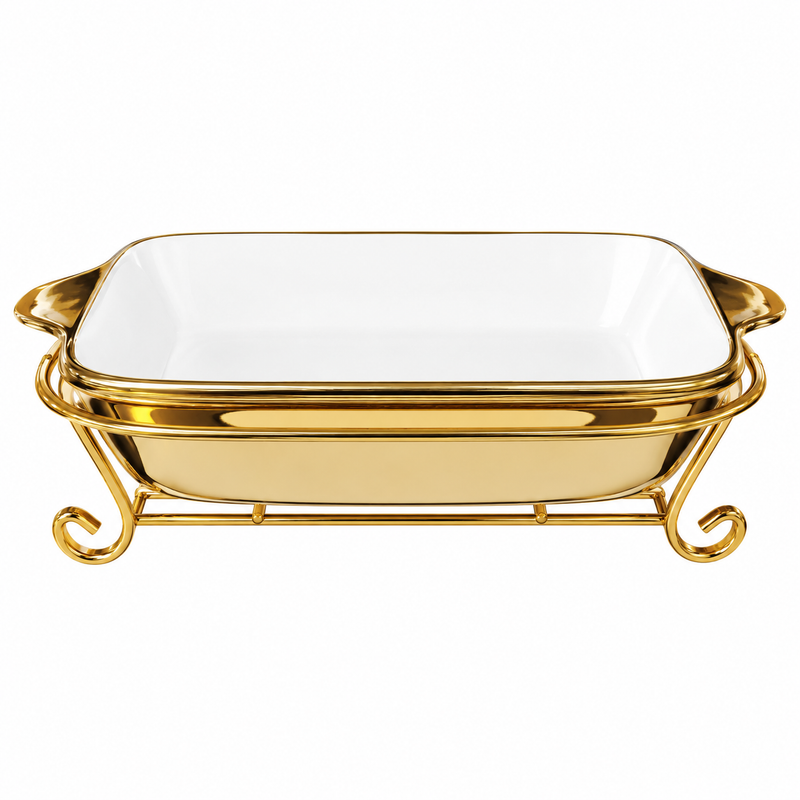 Elegant Serving Dish (with Stand) – White Ceramic Bake & Serve Tray with Gold Frame