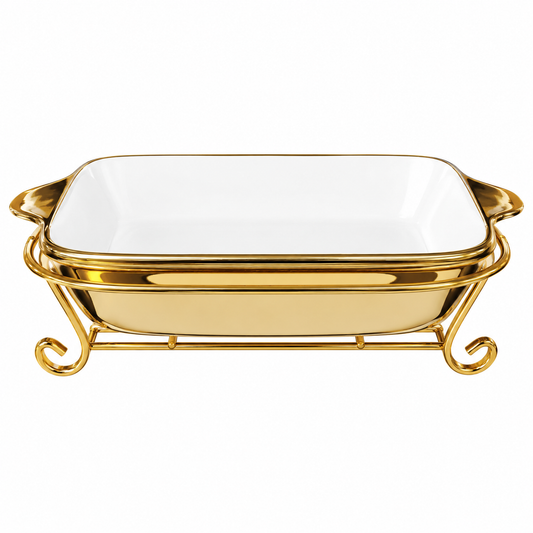 Elegant Serving Dish (with Stand) – White Ceramic Bake & Serve Tray with Gold Frame