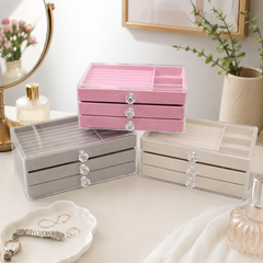 Assorted Multi-Tier Jewellery Box with Clear Compartments & Crystal Knobs