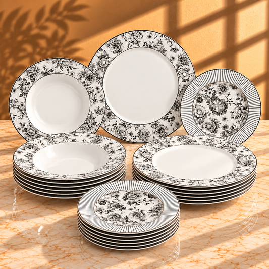 Premium Porcelain Plate Set | Elegant Black Floral Dinnerware for 6 Persons