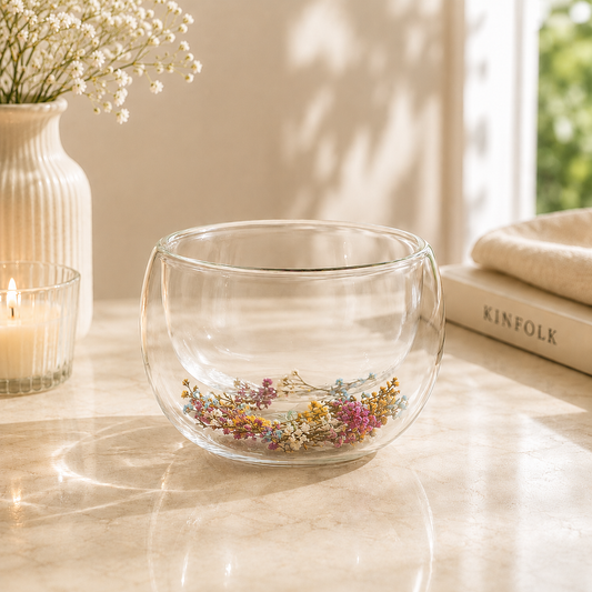 Flower Double Wall Glass Bowl – Dried Floral Serving Bowl - Habitt