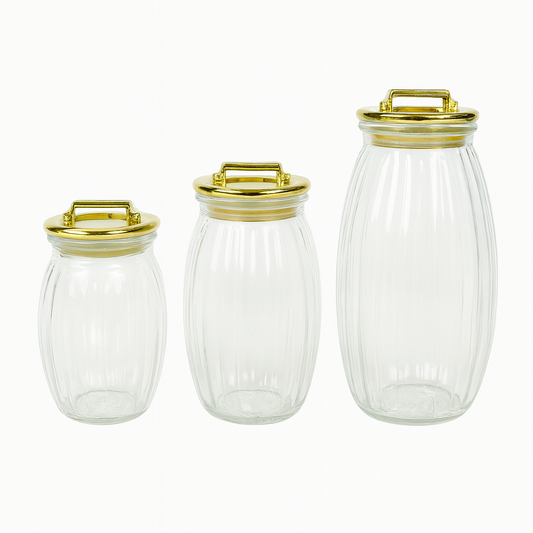 Set of 3 Sealed Storage Jars with Vertical Stripes & Handles – Variants: Gold, Rose Gold, Silver