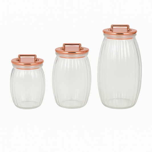 Set of 3 Sealed Storage Jars with Vertical Stripes & Handles – Variants: Gold, Rose Gold, Silver