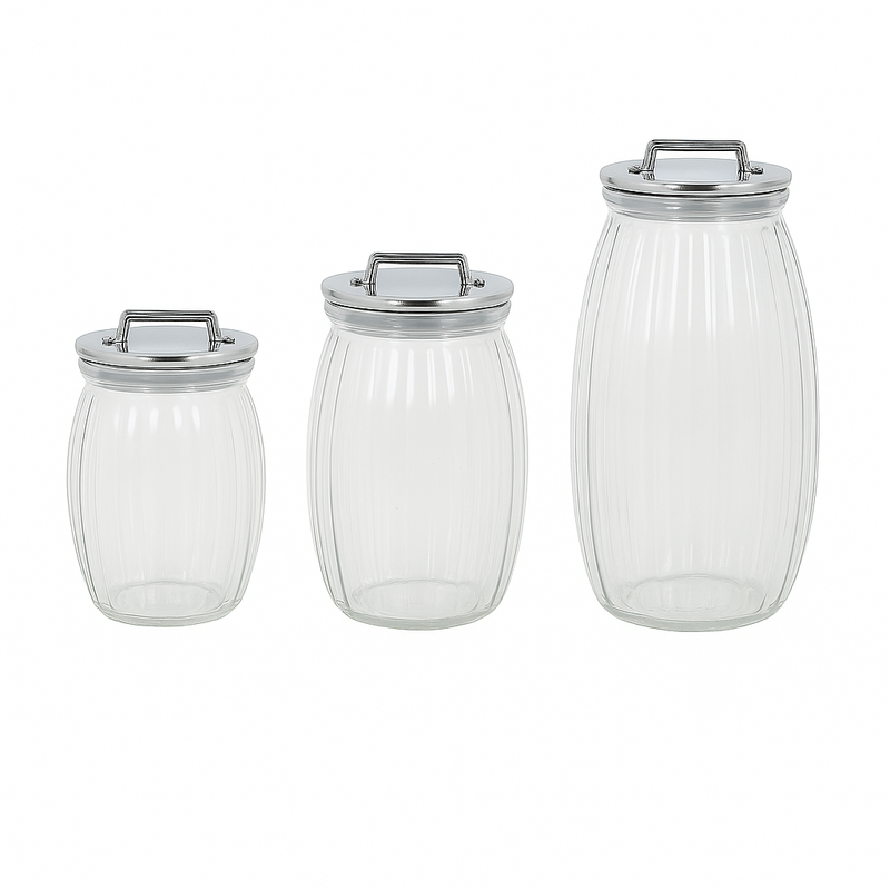 3 Pcs Sealed Storage Jars with Vertical Stripes & Handles – Variants: Gold, Rose Gold, Silver - Habitt