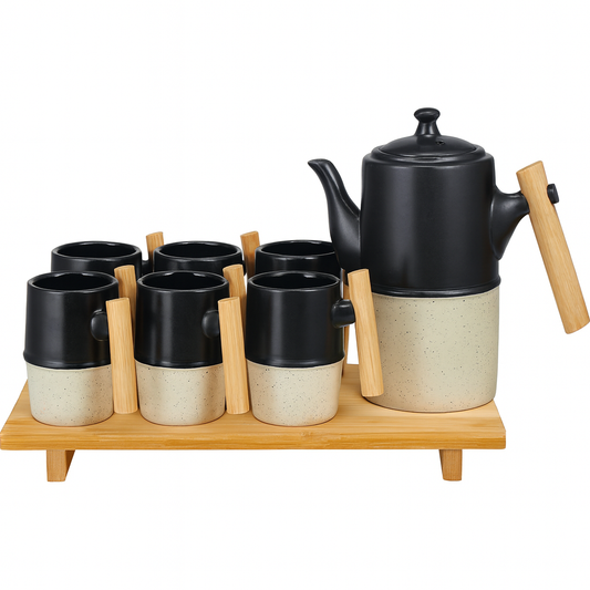 Subaishi Ceramic Tea Set with Wooden Handles – 8-Piece Black & Beige Stoneware with Bamboo Tray