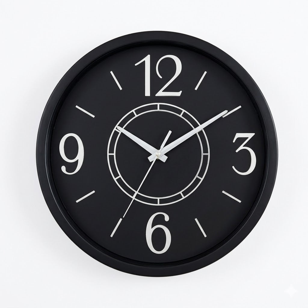 Heritage Bradford Wall Clock 14.5 Inch – Sleek Black Dial with Silver Accents & Modern Heritage Design (Plastic) - Habitt