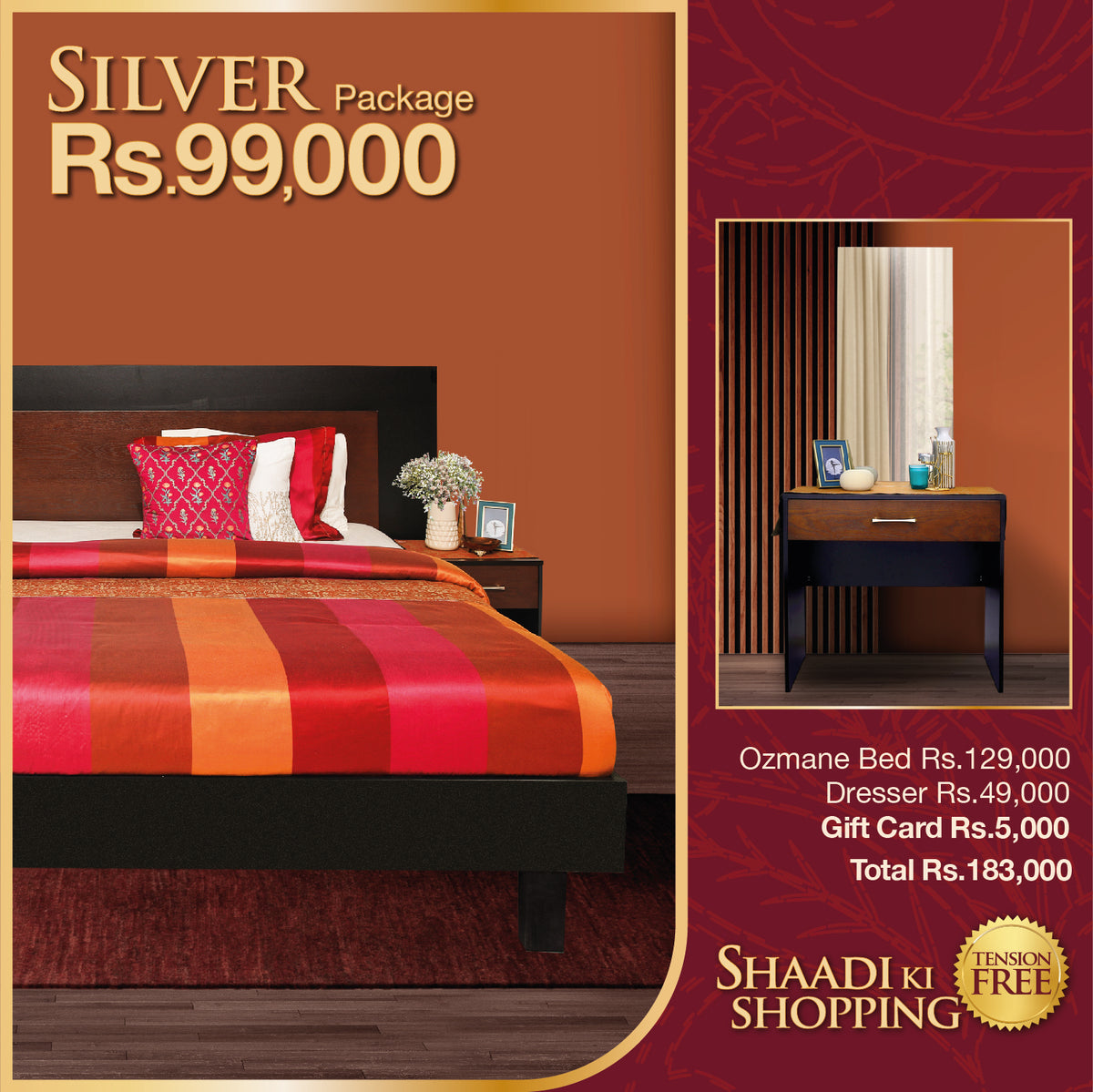 Ozmane Wedding Package (bed with sides, dresser with mirror and Rs 5000 Gift Card)