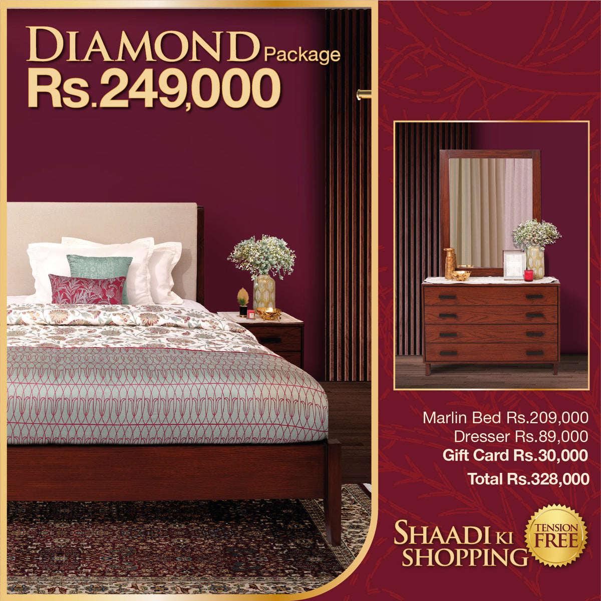 Marlin Wedding Package (bed with sides, dresser with mirror and Rs 30,000 Gift Card)