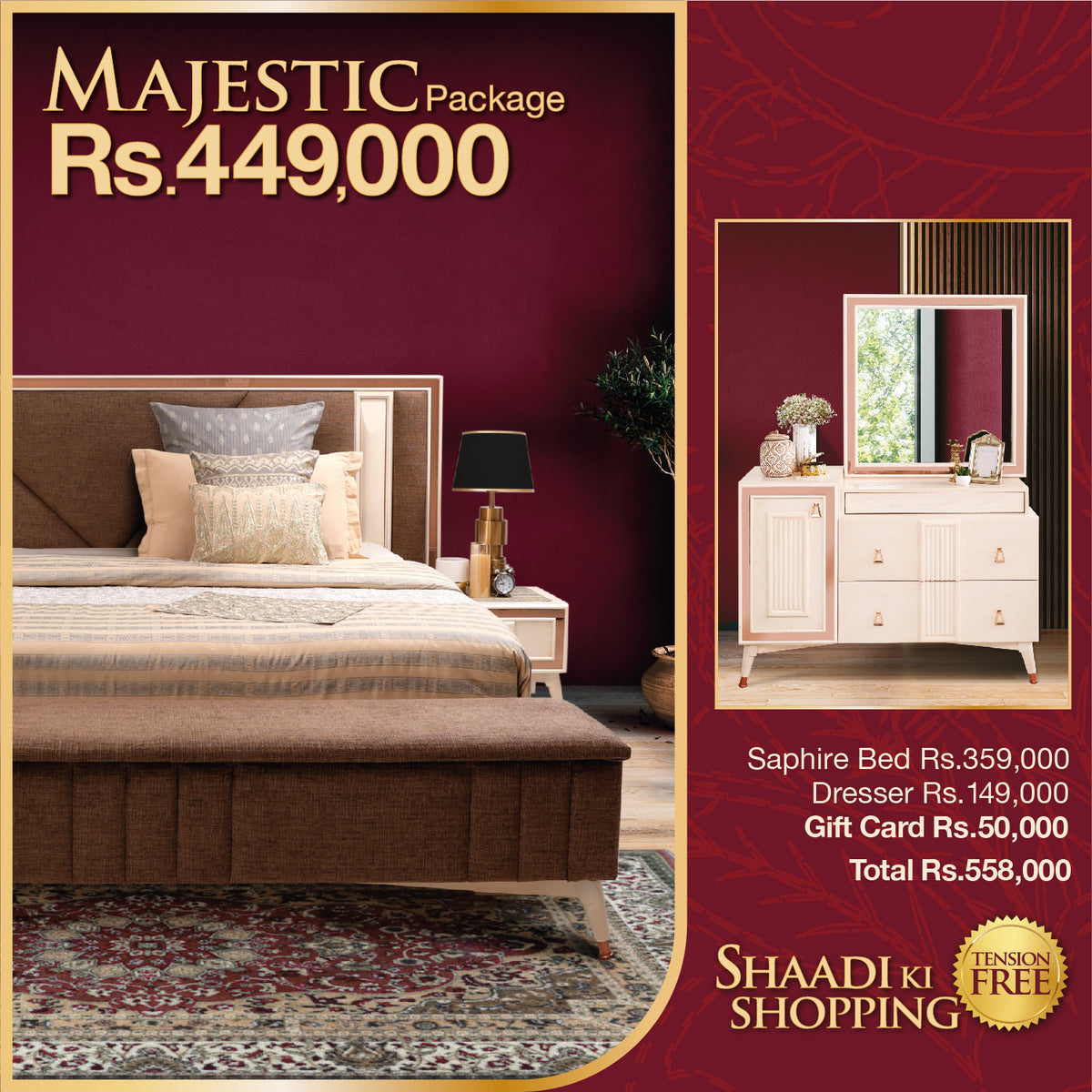 Saphire Wedding Package (bed with sides, dresser with mirror and Rs 50,000 Gift Card)